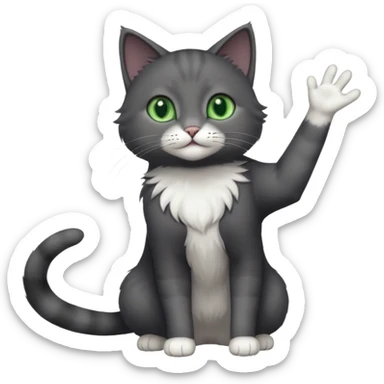 full body gorgeous solid dark grey cat with green eyes, white paws and white whiskers reaching for something sticker