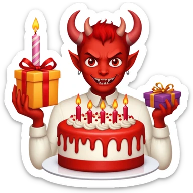 A devil with a birthday cake and gift sticker