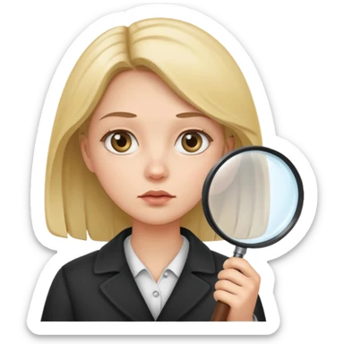 A woman holding a large magnifying glass and looking at something intently sticker
