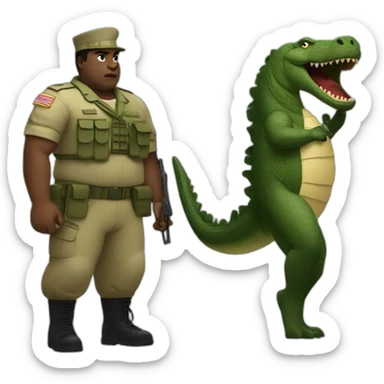 a fat bold black man dressed in military attire fighting with a crocodile sticker