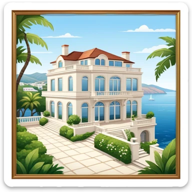 A mansion by the sea, with large windows, a spacious terrace overlooking the water, and a traditional or modern architectural style. The house is typically white or light-colored, with a luxurious and elegant design. Surrounded by beautiful greenery and a calm, scenic view of the coastline sticker