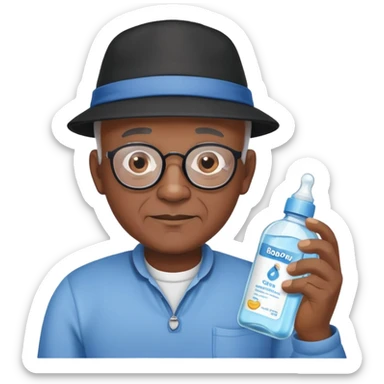 Bald black grandpa with blue shirt and black hat holding baby oil  sticker