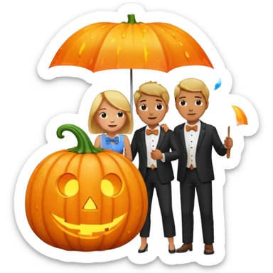 Make a guy hugging a giant pumpkin with a fork in his right hand while there's fire while there's a lady watching while it's raining while there's an umbrella on the ground that's alive and the sun has a bow tie on his neck sticker