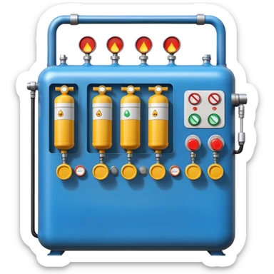 gas distribution station emoji style with a row of vertical gas cylinders and a small control panel sticker