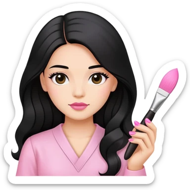 Pink Nail Tech with black long hair holding small acrylic brush sticker