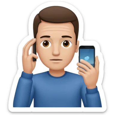 a guy holding an smartphone with both hands in landscape mode in front of his forehead sticker