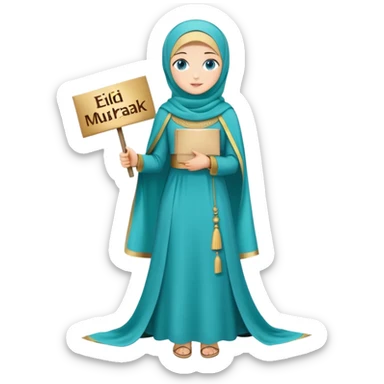 Turkish beautiful finish Konya girl blue eyes with gold hijab and islamic long tailed turquoise dress on the ground and had on her hand text Eid Mubarak  sticker
