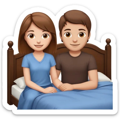 A brown-haired girl and a brown-haired man. They are both on a bed. The girl is sitting on the man. sticker