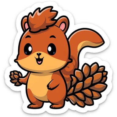 A greedy little squirrel with a big pine cone on top of its head, showing a strange facial expression, wide eyes sticker