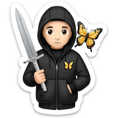A gangster with a hoodie and a puffer holding a butterfly knife sticker