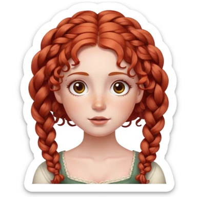 lady with Soft, round face, rosy cheeks, wide expressive eyes, Curly red hair, often styled in intricate braids or ringlets, Fair skin, freckles, sticker