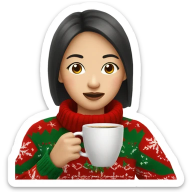asian girl drinking coffee wearing Christmas sweater sticker