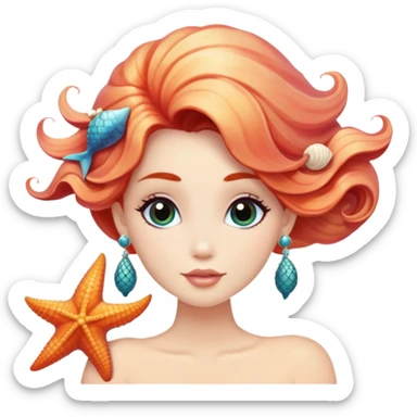 mermaid with seashells in hair, starfish earrings sticker