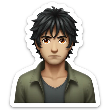 A man with messy black hair, long bangs covering his red right eye, and a gray-green left eye. His neutral expression, with a slight frown, gives off a serious, mysterious vibe. Full-body anime style, 8k realism sticker