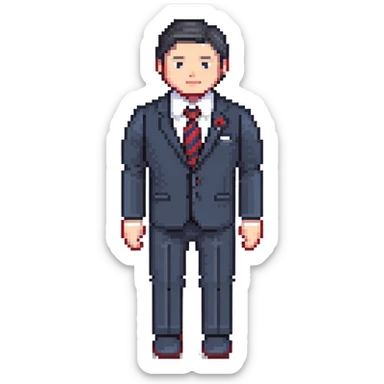 man wearing a dark blue-gray business suit with black horizontal stripes on the arms and legs, white shirt and red tie sticker