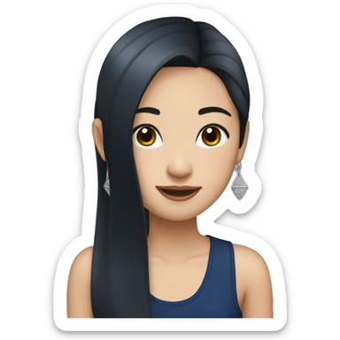 Asian girl with long black straight hair, silver earrings, and a navy tank top  sticker
