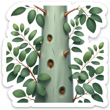 Cinematic Realistic Eucalyptus Emoji, Tall and graceful, with slender trunks covered in smooth, peeling bark and large, fragrant leaves. The eucalyptus trees sway gently in the breeze, releasing a calming aroma that fills the air. Soft glowing outline, capturing the essence of rugged beauty and natural serenity in a tall eucalyptus tree! sticker