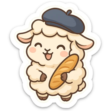French sheep with a beret, carrying a baguette, cheerful style, chibi stickers style sticker