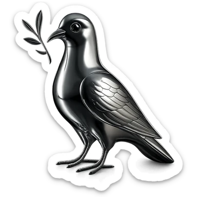 metallic chrome pigeon, peaceful, with a branch in its beak, radiant and polished sticker