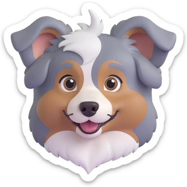 adorable Australian Shepherd dog face, big eyes one blue one brown, fluffy merle fur, perky ears, happy sticker