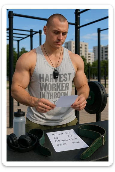 un uomo prepara con cura il suo set di pesi e la cintura per streetlifting, controllando una lista di esercizi e ripetizioni scritta su un foglio. Accanto a lui, una borraccia e delle cuffie. L’espressione è serena e sicura, a sottolineare l’importanza della programmazione per un allenamento efficace. Lo sfondo è un’area fitness urbana, pulita e ben attrezzata. sticker