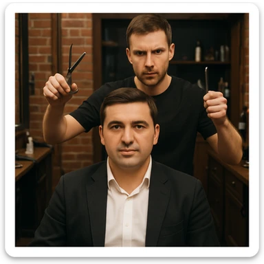 manashu akani yuzlaridan foydalanib sartarosh chizib bergin u soch olishga tayyor turganini chizib ber old rakursda bulsin mijoz tugriga qarab utirganini va sartarosh uni orqasida turib bitta ulida qaychi, ikkta quli bilan tayyorgarlik kurib turganini chizib ber xuddi 1,2,3 boshladik degandey birdaniga ishga kirishib ketadigan dek tayyor bulib tursin sticker