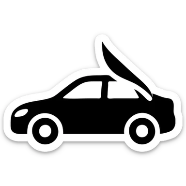 solid icon of a luxury glossy black car with a section covered by a semi-transparent rolled light gray film, curved adhesion effect, minimal and modern sticker