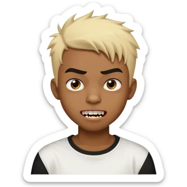 Black Male Teenager with Short punk messy blonde hair, Dark brown bushy eyebrows large expressive golden-brown eyes, wearing a plain white t-shirt, Dark Brown skin color. vampire tooth sticker