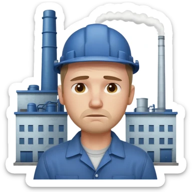 tired sad man with sweat on forehead, factory behind sticker
