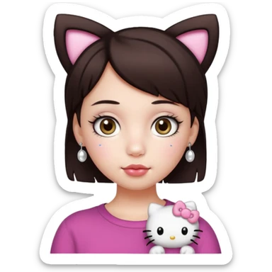 Chica con pelo corto y castaño oscuro, piel blanca, ojos hazel y pestañas largas, un piercing septum redondo pequeño y un filtro de hello kitty sticker