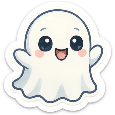 chibi-style ghost sticker with wavy bottom edge, big eyes, shiny highlights, adorable cheerful sticker
