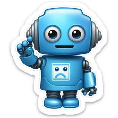 Sticker robot in blue tones waves his hand. The word "RoboCode" on clothes sticker