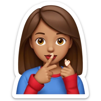 Basic emoji girl biting her nails, but in a flirty ways, a bit darker skin ( not so brown), brown hair and only one pointing finger sticker