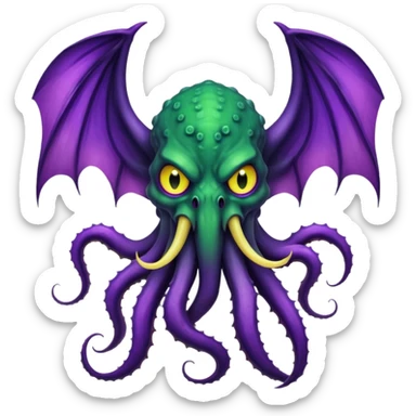 deep green Cthulhu with purple bat wings and purple gradient tentacles. Yellow angry eyes. yellow suckers on tentacles. dramatic ominous shading. two saber-teeth sticker
