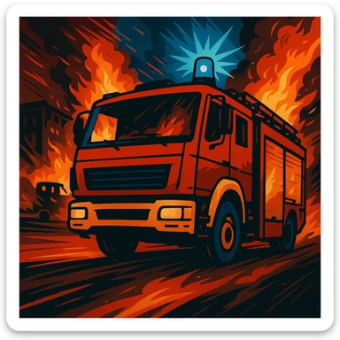 Edit the image of a fire truck with blue lights at an emergency site in the same modern, stylized illustration style as the original. Include a background showing the emergency site, such as a burning building or accident scene, with a dynamic atmosphere. sticker