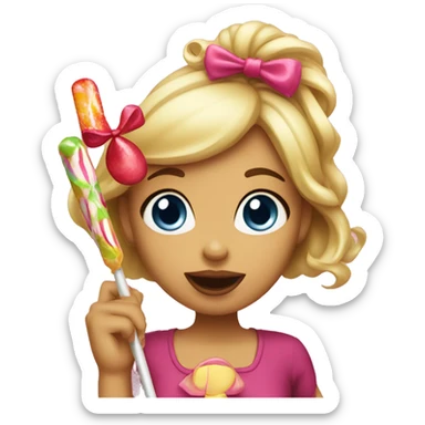 A girl with a coquette bow eating a lolipop sticker