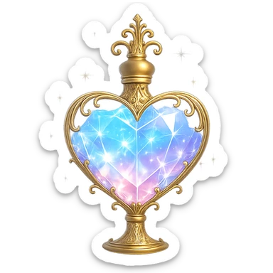 luxurious crystal heart-shaped elixir bottle with pastel gradient, lots of glow, facets, ornaments, golden details, magical effects, very small golden neck, transparent background, beautiful merging base, clearly floating in air, no ground or shadow, premium class, matching a collection sticker