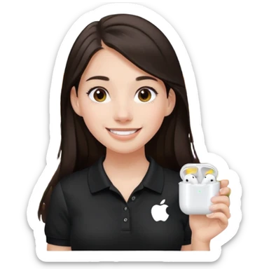 Girl with long dark brown hair with airpods wearing a black wegmans grocery store polo sticker