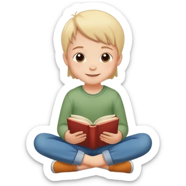 child sitting cross-legged on the floor, cheerful and calm, with a book in hand sticker