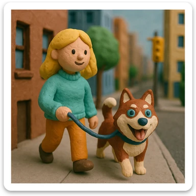 Cute Blonde woman wearing a sweater walking a happy red-brown blue-eyed Siberian husky in New York City on an upper east side city sidewalk  sticker
