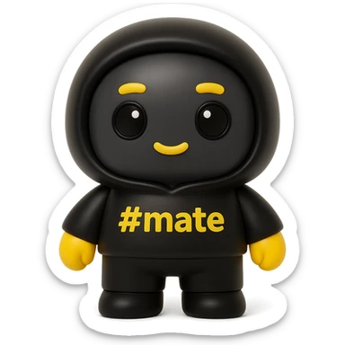 3D kawaii chibi character, vinyl toy look, matte finish, soft shadows. Big head, short arms and legs. Hoodie and body in matte black, face in dark gray. Yellow hands. Eyes with yellow outline, black pupil and highlight. Yellow eyebrows and mouth. '#mate' on hoodie, # in yellow. White background, no extra elements. sticker