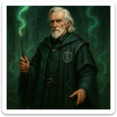 an elderly wizard with silver hair and Slytherin robes, inspired by Draco Malfoy, fantasy illustration sticker