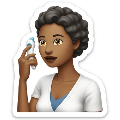 a woman caring her's skin with device sticker