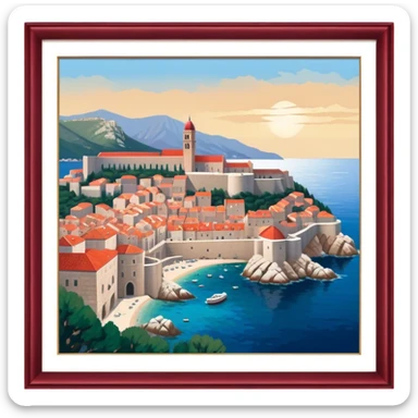Cinematic Realistic aerial view of the historic city of Dubrovnik, showcasing its iconic red-roofed architecture, fortified walls, and sparkling Adriatic coastline, rendered with rich textures and warm Mediterranean lighting that captures its old-world charm. sticker