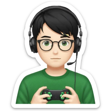 
gamer, Gorgeous green sweater black hair anime style shojo guy glasses, headphone, gamepad sticker
