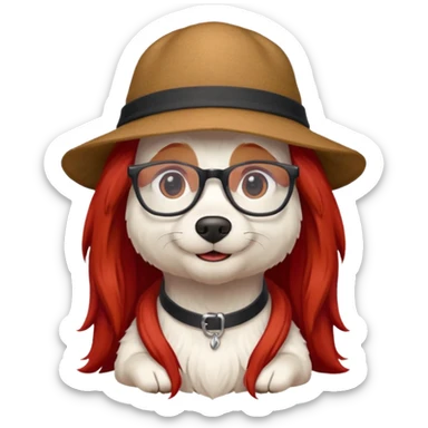 white dog with very red long hair and glassess and hat sticker