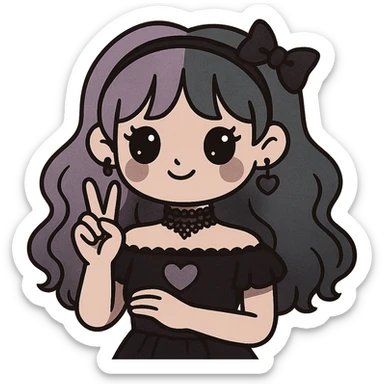 Edit the image of a gothic K-pop girl with pastel hair and a lace choker in a darker color palette. The style should be dreamy goth with a playful pose and kawaii accessories. Remove the background. The style should reflect pastel goth with gothic and kawaii elements. sticker