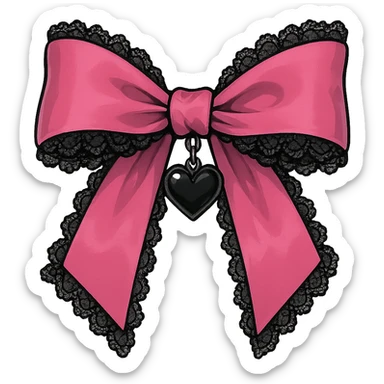 pink gothic bow with black lace trim and heart charm, remove background sticker