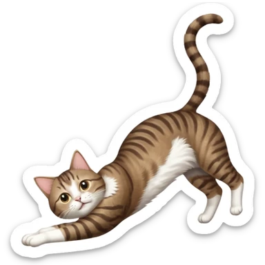 dark brown tabby and white cat with doing a big extremely long stretch reaching up into the air with arms and legs side by side together straight and overextended whilst lying on its side sticker