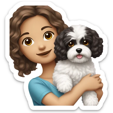 American girl with brown hair holding a black and white fluffy maltipoo dog ￼ sticker